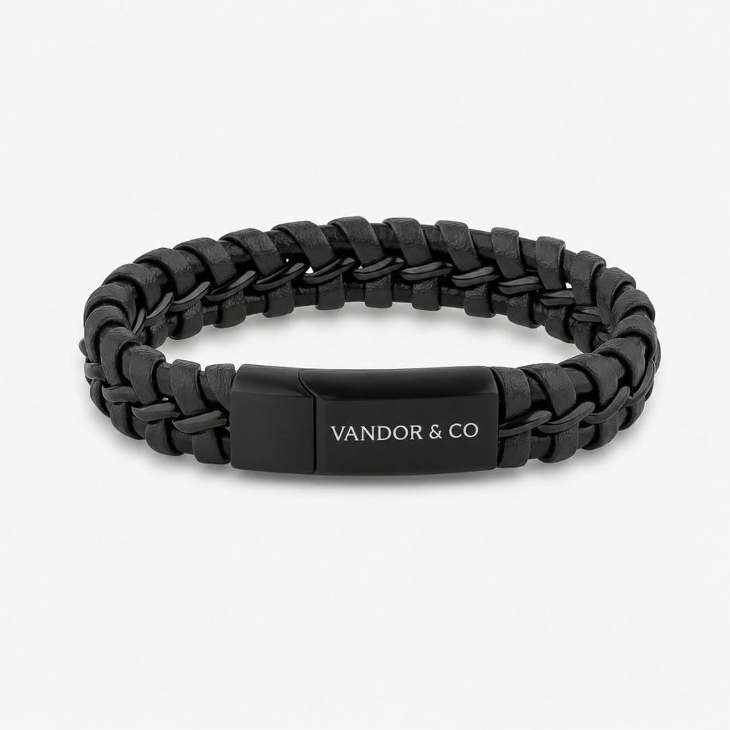 VANDOR & CO Braided Leather Bracelet – Black Steel